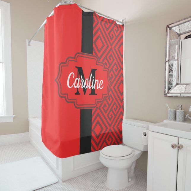 Red Abstract Pattern Shower Curtain (In Situ)