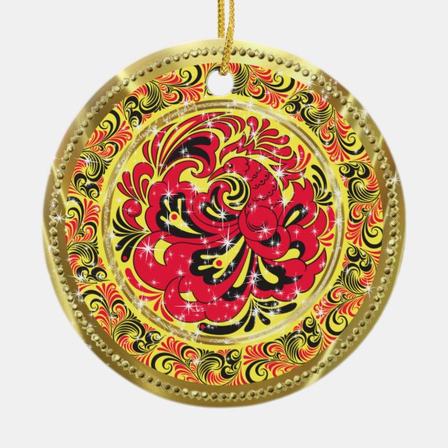 Red Abstract Phoenix Bird-Gold & Sparkles Ceramic Tree Decoration (Front)