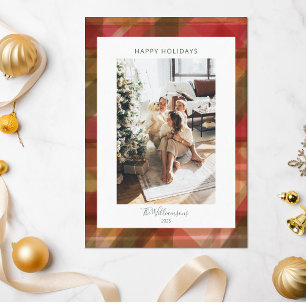 Red Abstract Plaid Rustic Two 2 Photo Christmas   Holiday Card