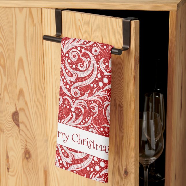 Red Abstract Snowflake Pattern#10 ID1009 Tea Towel (Thirds Fold)