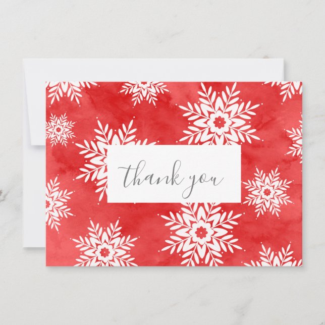 Red Abstract Watercolor Snowflakes Thank You Card (Front)