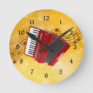 Red Accordion and Musical Notes Round Clock