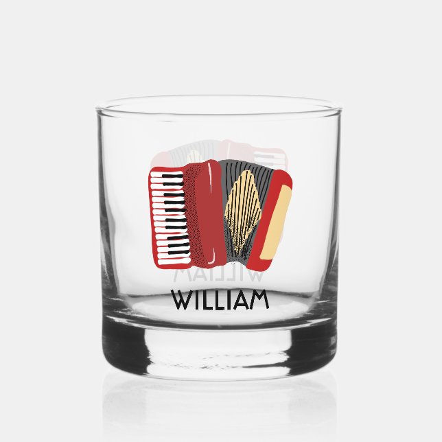 Red Accordion Illustration Personalised Whiskey Glass (Front)