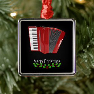 Red Accordion, Merry Christmas,  Metal Ornament