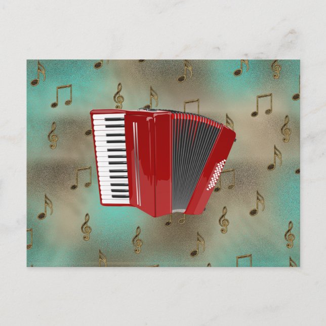 Red Accordion on Musical Notes Postcard (Front)