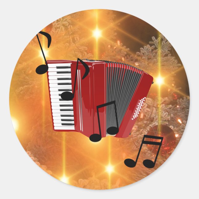 Red Accordion with Musical Notes Classic Round Sticker (Front)
