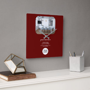 Red Add Logo Custom Text Promotion Company Photo  Square Wall Clock