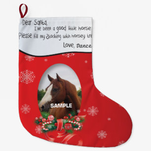 Red ADD YOUR HORSE Photo and Name Dear Santa Large Christmas Stocking