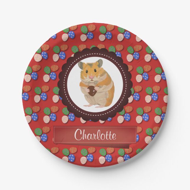 Red Add Your Name Hamster Easter Paper Plate (Front)
