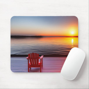 Red Adirondack Chair On Lake Dock Mouse Pad