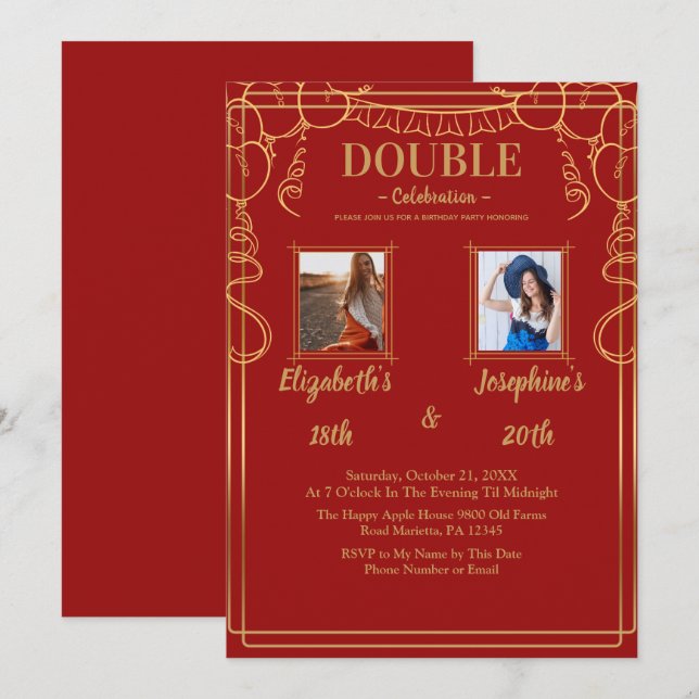 Red Adult Joint Birthday Party  2 Photo Invitation (Front/Back)