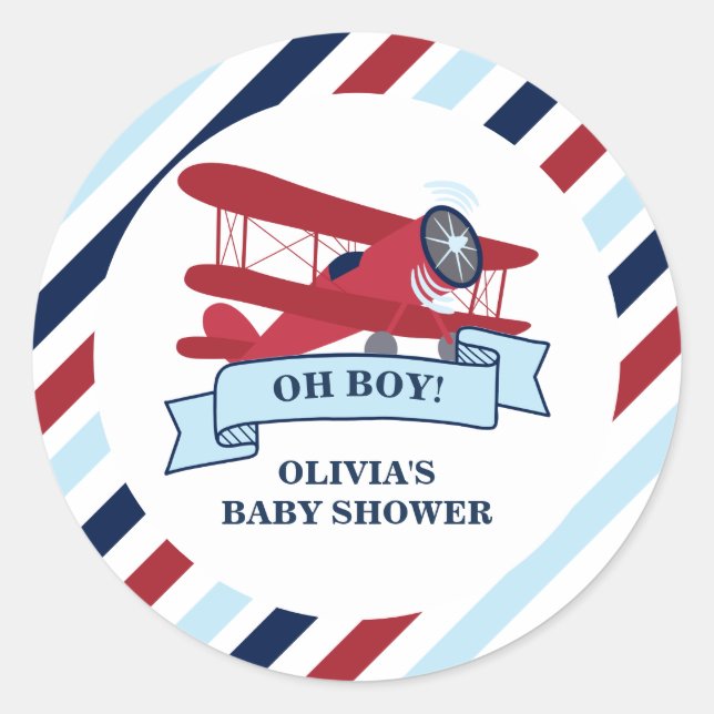 Red Aeroplane Baby Shower Classic Round Sticker (Front)