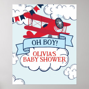 red aeroplane baby shower poster