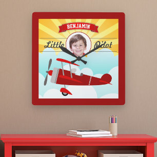 Red Aeroplane Little Pilot Name Photo Kids Room Square Wall Clock