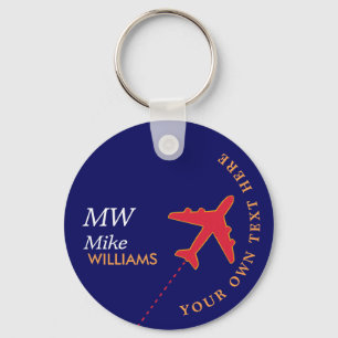red aeroplane on blue keychain with name