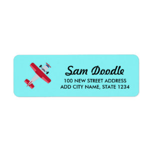 Red aeroplane pattern on blue return address label