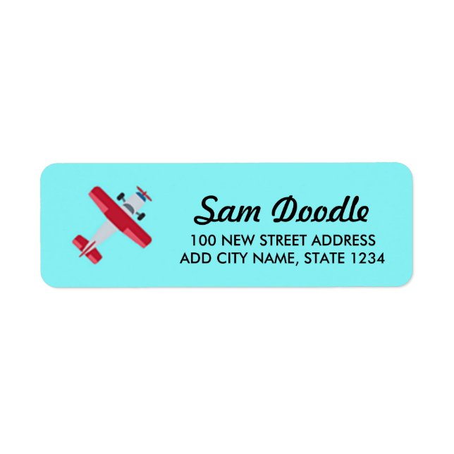 Red aeroplane pattern  on blue return address label (Front)