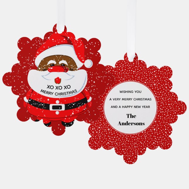 Red African-American Santa Claus Christmas holiday Tree Decoration Card (Front/Back)