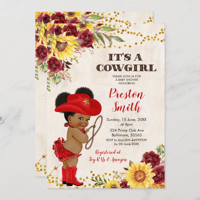 Red African Cowgirl Rose and Sunflower Baby Shower Invitation (Front/Back)
