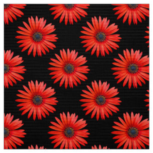 Red African Daisy Pattern on Black Fabric