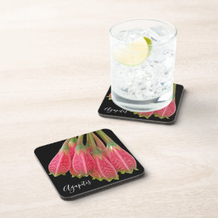 Red Agapetes Flowers on Black Floral Coaster