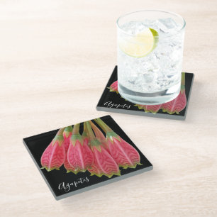Red Agapetes Flowers on Black Floral Glass Coaster