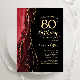 Red Agate Gold Black 80th Birthday Invitation