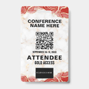 Red Agate Gold Marble QR Code Conference Event ID Badge
