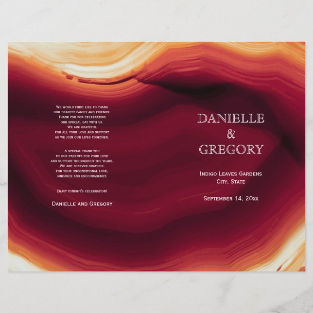 Red agate slice geode bi-fold fall wedding program (Front)