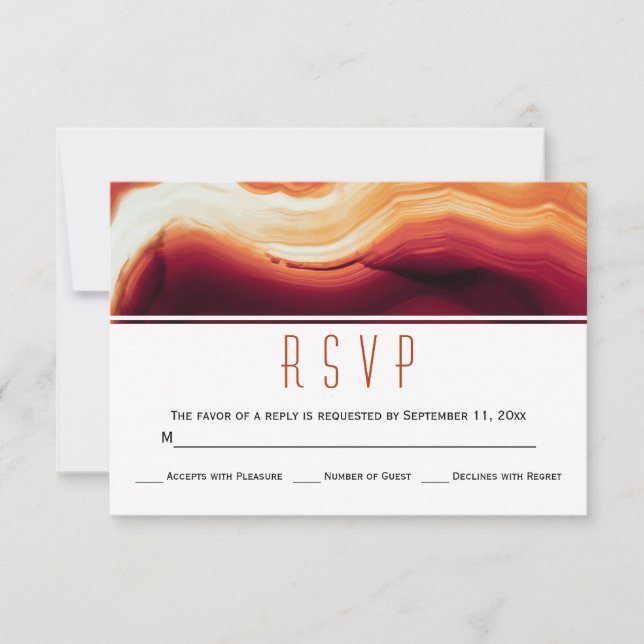Red agate slice geode fall colours wedding RSVP Card (Front)