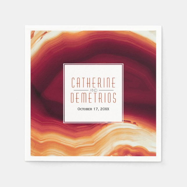 Red agate slice geode modern autumn wedding napkin (Front)