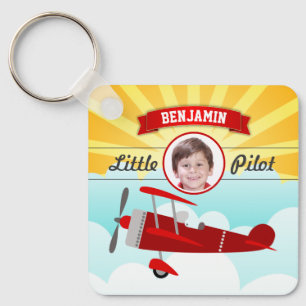 Red Airplane Little Pilot Name Photo Kids Room Key Ring