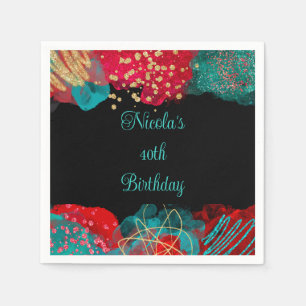 Red Alcohol Ink Birthday Party Napkin
