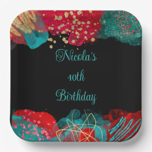 Red Alcohol Ink Birthday Party Paper Plate
