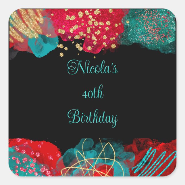 Red Alcohol Ink Birthday Party Square Sticker (Front)