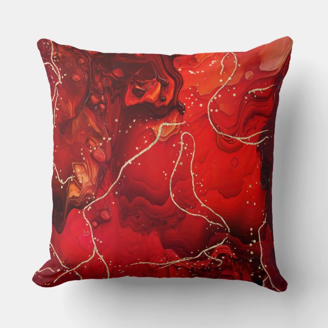 Red Alcohol Ink Gold Abstract Fluid Throw Pillow (Front)