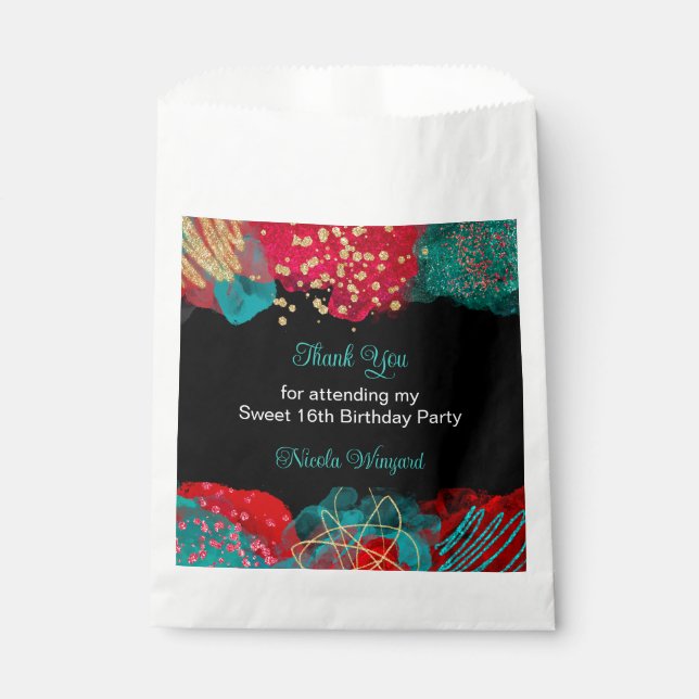 Red Alcohol Ink Sweet 16 Birthday Party Favour Bag (Front)