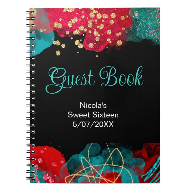Red Alcohol Ink Sweet 16 Birthday Party Guest Book (Front)