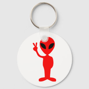 Red Alien Gesturing Peace Sign with Hand Key Ring