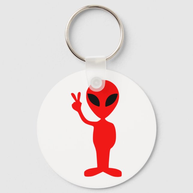 Red Alien Gesturing Peace Sign with Hand Key Ring (Front)
