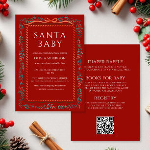 Red All in One Santa Baby Christmas Baby Shower Invitation