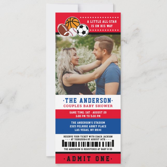 Red All Star Sport Ticket Couples Shower Photo Invitation (Front)