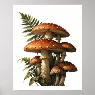 Red Amanita Mushrooms with Fern Botanical Poster