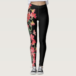 Red Amarylis Flower Floral All Over Print Leggings