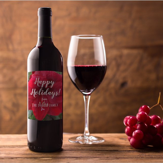 Red Amaryllis Bloom Personalised Holiday Wine Label (In Situ)