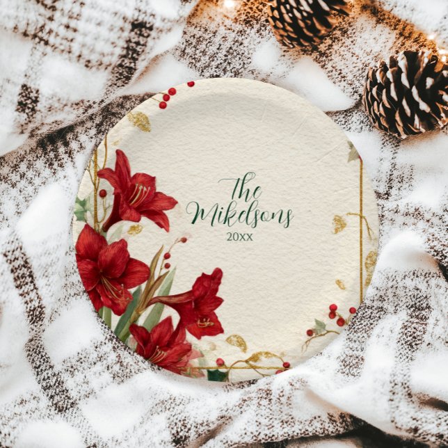 Red Amaryllis Rustic Christmas Paper Plate (Creator Uploaded)