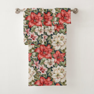 Red Amaryllis & White Azalea Christmas Bath Towel Set