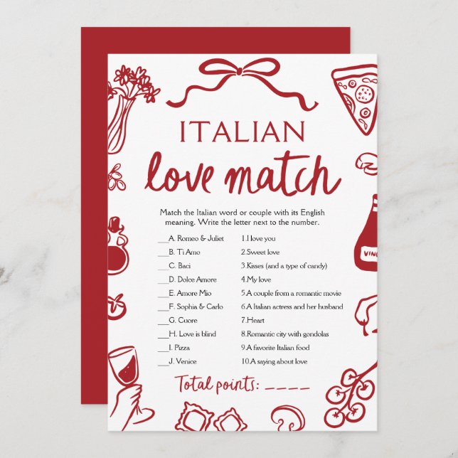 Red Amore Italian Love Match Bridal Shower Game Invitation (Front/Back)