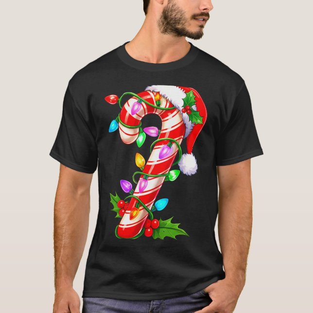 Red &amp; White Candy Cane Crew Christmas Santa Ha T-Shirt (Front)