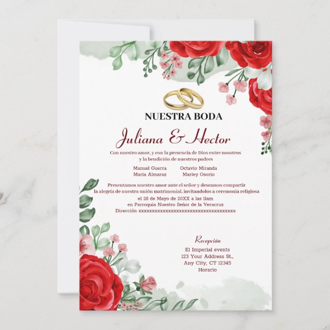  Red an green Floral Wedding Invitation (Front)